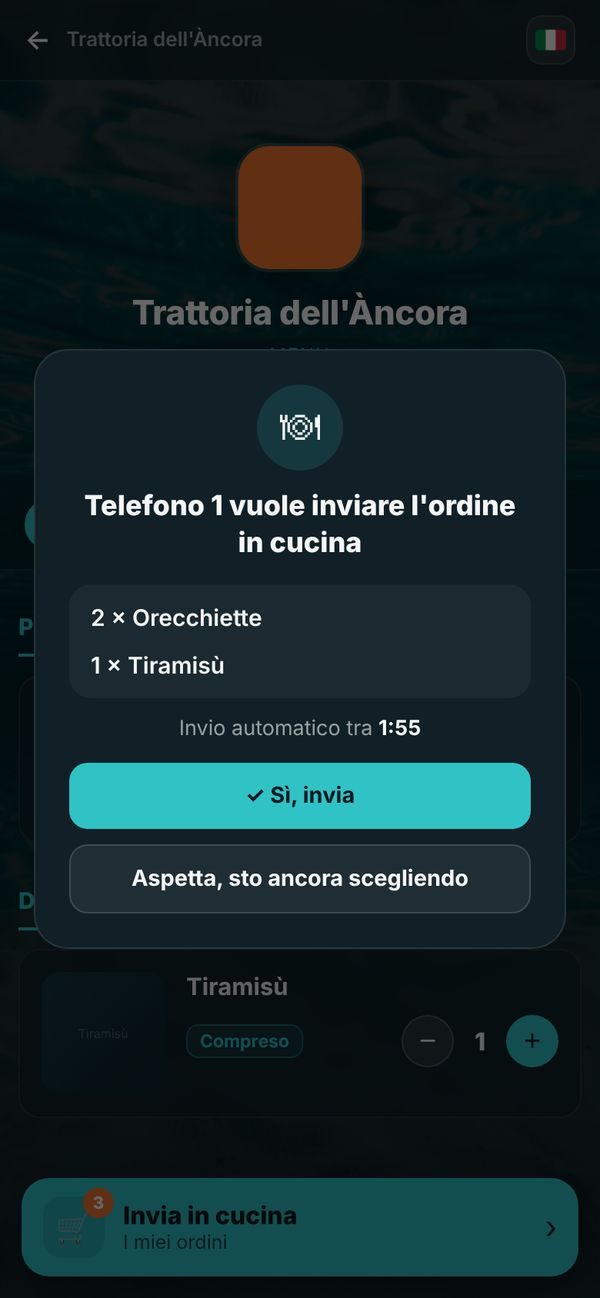 Invio dell'ordine in cucina con conferma del tavolo