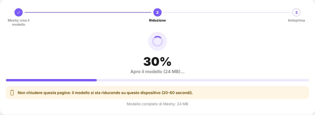 Avanzamento della creazione del modello 3D: modello, riduzione, anteprima